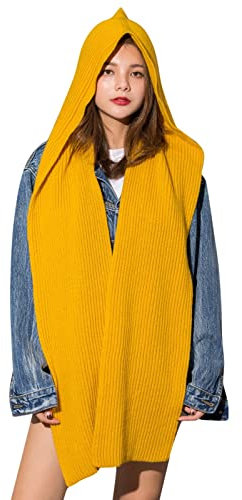 Solides 2-in-1-Strick-Kapuzenschal-Set für den Winter, Melonen-Kappe, warm, dick, Zopfstrickmütze, Schal, Set, dehnbar, athletische Mützen, Schal-Set für Damen, Seidenschal für Frauen, gelb, One size