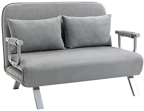 HOMCOM Divano Letto 2 Posti con Schienale Regolabile in 5 Livelli, Divano Letto Matrimoniale Pieghevole con 2 Cuscini per Soggiorno, in Finta Pelle Scamosciata e Acciaio, 111x80x78 cm, Grigio Chiaro