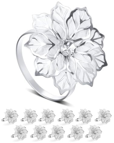 JVHLOV 12 Stück Serviettenringe Silberfarben, Silberfarbener Makramee Servietten Ringe Set mit Strasssteinen, Serviettenschnallen für Hochzeit Tischdeko, Metall Serviettenring mit Ausgehöhlten Blume