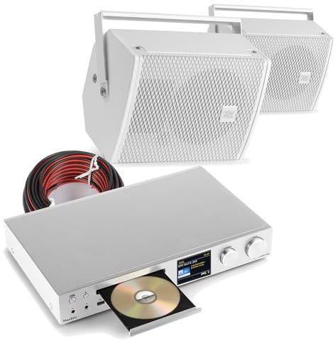 2x PDW5W Wall Mounted Stereo System, CD HiFi Home Audio with Bluetooth, DAB+, FM Radio, Internet Streaming, TV Input, Amplifier & White Passive Speakers Set