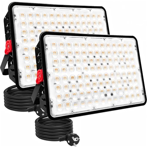 Indmird 2 Stück LED Strahler 400W Warmweiß, Led Strahler mit Stecker | Superhell 40000LM 3000K Led Scheiwerfer Flutlicht IP66 Wasserdicht led Außenstrahler für Innenhof Auffahrt Korridor Rasen
