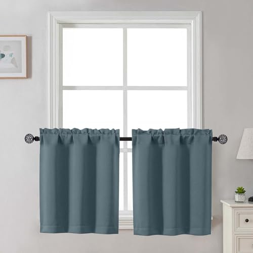 Gwine Lot de 2 rideaux occultants courts de 61 cm de long pour petite fenêtre, pour cuisine, chambre à coucher, salle de bain, sous-sol, 76,2 x 61 cm, bleu pierre