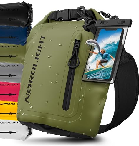 Nordlight Dry Bag Sacca Impermeabile + Custodia per Cellulare + Chiusura Arrotolabile, Tracolla | Zaino Impermeabile Sacca Stagna Borsa | Spiaggia, Canoa, SUP, Immersioni - Verde Oliva, 5 Litri