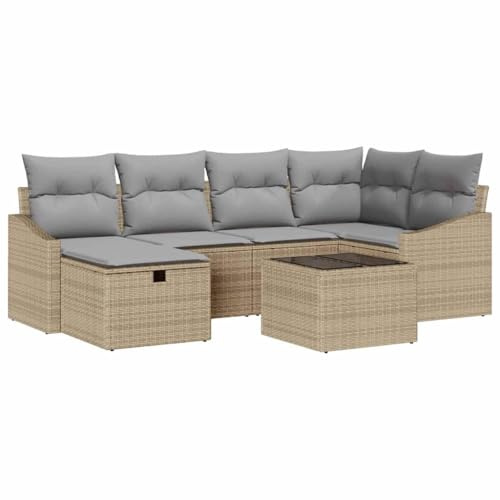 vidaXL 7-teiliges Garten-Sofa-Set mit Kissen in Beige aus Poly-Rattan – Wetterfestes Loungesofa für deinen Garten oder die Terrasse.