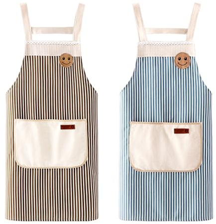 Hwtcjx 2 Piezas Delantal Antiincrustante y Ajustable, Delantal de Cocina, Rayas Mandiles con Bolsillos para Cocinar y Hornear para Mujeres, Hombre y Pareja (Café, Azul)