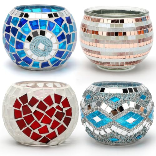 Yuragim Portavelas de Cristal de Mosaico, 4 Unidades Portavelas Decoracion Hecho a Mano, Romántico Porta Velas Cristal Centro De Mesa Decorativo Salon, para Decoración del Hogar, Bodas, Fiestas