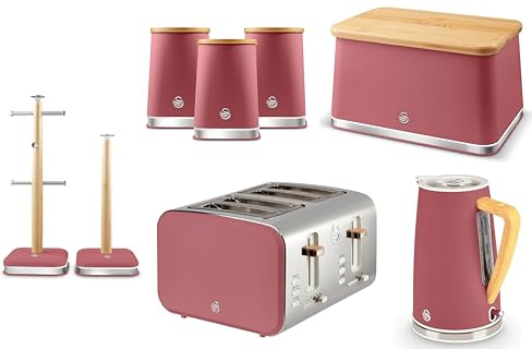 Swan Nordic Fuchsia Rose Kettle, 4 Slice Toaster, Breadbin, Canisters, Mug Tree & Towel Pole. Matching Kitchen Set of 8 with Fuchsia Matt Finish, Stainless Steel Accents and Acacia Wood