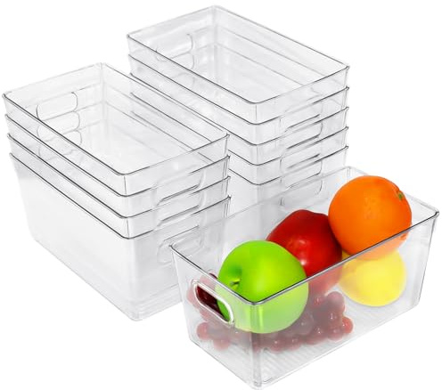 OJMHD 10 Pack Clear Acrylic Fridge Storage Boxes, Cupboard Food Organizer | Stackable, Plastic, BPA Free, Handle Grips, Kitchen Organizer Container Bin for Countertops Cabinets Bathroom Bedroom Drawer