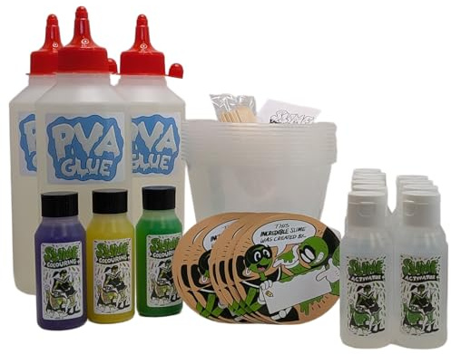 Slime Factory Party Pack | Fun activity for up to 10 children | Includes 1.5L PVA glue, 10 x 50ml activator, colours, mixing pots and labels