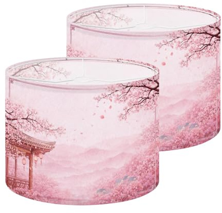Floral Drum Lamp Shades Set of 2 Serene Cherry Blossom Landscape Traditional Pavilion Mountains 13x13x10 Medium Lampshade DIY Replacement Lamp Cover for Table Lamps Required Assembly