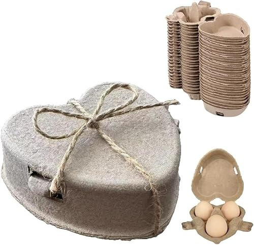Generisch 30er Pack Herzförmige Eierkartons aus Naturfaser mit Juteband, wiederverwendbare Eierbox für 3 Eier, Österliche Eieraufbewahrung, stabil & biologisch abbaubar für Ostern & Frühling