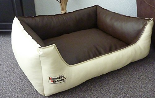 Hundebettenmanufaktur Hundebett Hundesofa Schlafplatz Kunstleder Similpelle Farbe und Größe wählbar von XS bis XXL (120 cm X 100 cm, Creme braun)