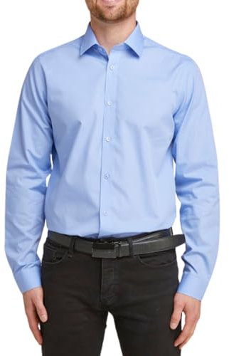 Double TWO Men's Long Sleeve Plain Formal Shirt Non Iron Classic Fit Business Dress Shirt - Fresh Blue, 19.5in Collar