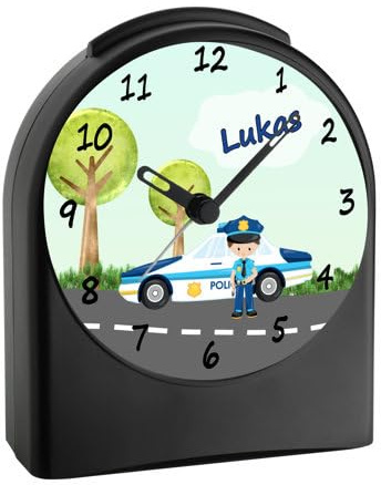 CreaDesign, WU-50-1049, Polizei, analog Kinderwecker schwarz, Funkwecker ohne Ticken, mit Licht, personalisiert mit Namen, 9,6 x 5,5 x 11,9 cm, 104 g