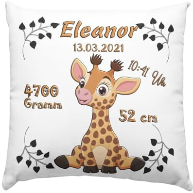 Baby Geschenk Kissen mit Namen und Geburtsdaten - Geburt Junge oder Mädchen Geburtsgeschenk Babykissen -personalisierte Babygeschenke -taufgeschenk von Taufpaten - neugeborenen Motiv Giraffe taufe