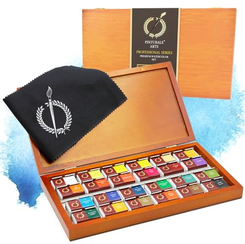 Pinturale Kit Aquarelle Peinture | Pigmentation Supérieure | Lot De Peinture Aquarelle Premium | 24 Couleurs + Boîte En Bois + Chiffon | Palette Aquarelle Pour Artistes