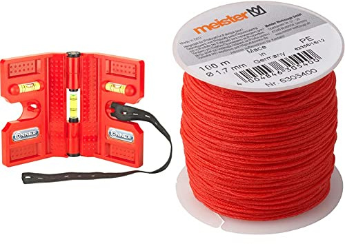 Connex Pfostenwasserwaage 13,5 cm, COXT743135, Rot & Meister Maurerschnur rot - 100 m Länge - Ø 1,7 mm - Polyethylen geflochten - Knotenfest - Reißfest & Belastbar - Auf Spule/Richtschnur / 6305400