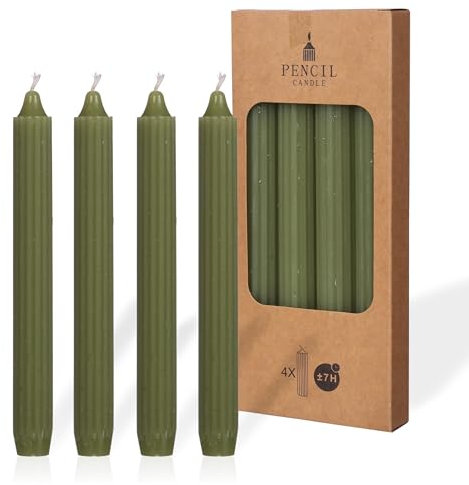 COMFORDER Juego de 4 velas de mesa monocromáticas + acanaladas, 20 cm, 7 horas de combustión (verde musgo)
