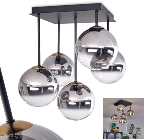 HOFSTEIN Deckenleuchte Chehalis, 5-flammige Deckenlampe aus Metall/Glas in Schwarz/Gold/Rauch/Klar, Leuchte im Retro/Vintage-Design, Ø Schirme 15 cm, G9, Esszimmer, Schlafzimmer, Wohnzimmer, Küche