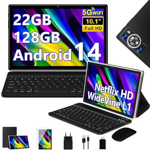 2026 Newest Tablet 10 Pulgadas Android 14, 22GB RAM+128GB ROM/TF 2TB, 8-Core 2.0 GHz, 8000mAh, 5G WiFi, Widevine L1, GMS Certificado, Bluetooth 5.0, Widgets, Tablet con Funda, Teclado y Ratón - Negro