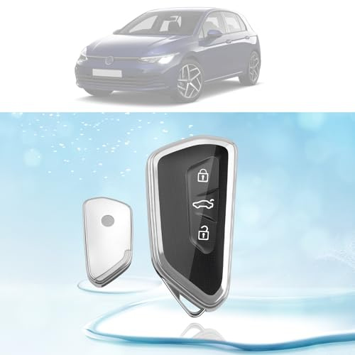 LUWU Autoschlüssel Hülle für VW Golf 8 /Seat Leon Ateca Tarraco /Skoda Octavia Enyaq /ID.3 ID.4 Multivan T7 /Cupra Formentor Born 2020-2024 2025 TPU Silikon 3-Tasten Autoschlüssel Fob Hülle (Silber)