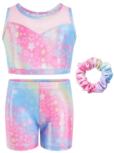 JiAmy Leotardos de gimnasia de dos piezas para niñas, sin mangas, brillantes, con pantalones cortos, traje de ballet para 3-12 años, Multicolor, 9-10 años