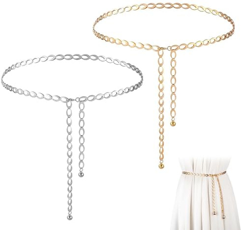 Metal Chain Belts for Women, 2 Pieces, Adjustable, Golden and Silver
