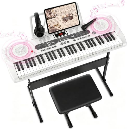 61 Tasten Keyboard Piano für Kinder & Anfänger, Klavier Set mit Ständer, Sitzbank, Kopfhörer, Mikrofon, Notenablage, Digital Piano Klavierunterricht Lern-Keyboard, Weiß