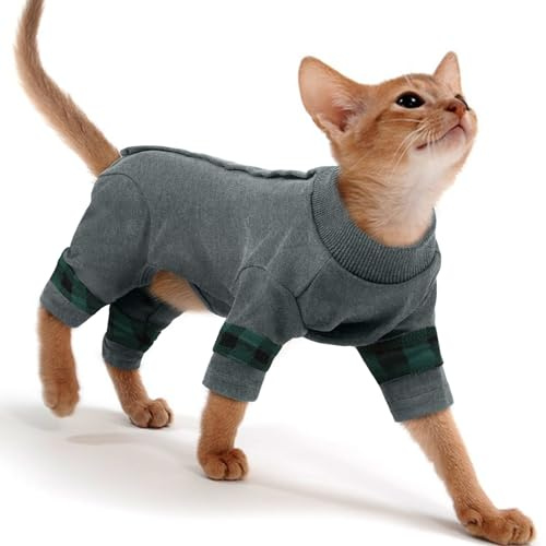 PUMYPOREITY Cat Pajamas, Stretchy 4-Leg Design with Back Buckles for Easy On/Off, Soft Cat Recovery Suit Reduce Wound Licking After Surgery, Kitten Onesie - Machine Washable, XS, Grey