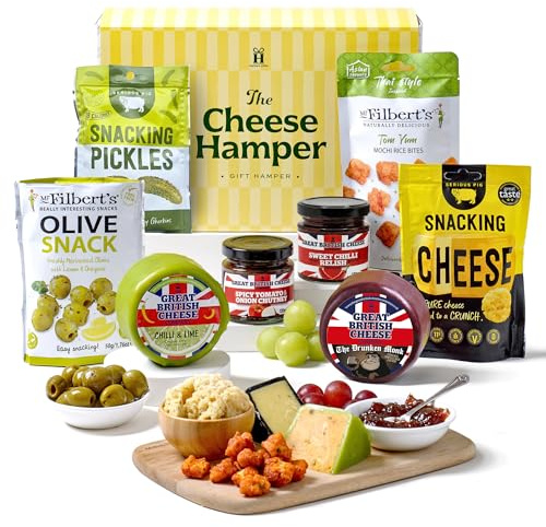 Hattie’s Gifts Cheese & Savoury Snacks Hamper – Cheddar Truckles, Chutneys, Serious Pig Snacking Cheese, Pickles & Olives – Food Gifts for Men, Fathers Day Snack Hamper