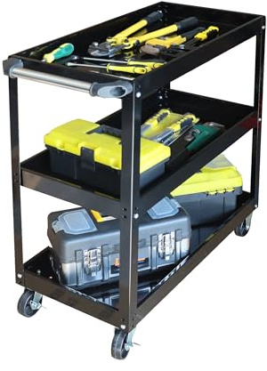 Relaxdays verktygsvagn med 3 hyllor, mobil, upp till 100 kg, svart | HBT: 82,5 x 84 x 41 cm
