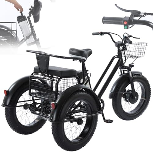 Tricycle électrique pour Adultes, Tricycle électrique à 3 Roues avec pneus Larges de 20 Pouces, Moteur sans balais, Batterie au Lithium Amovible, paniers Avant et arrière, différentiel