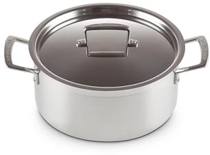 Le Creuset 3-Ply Olla baja con tapa, diámetro 24 cm, acero inoxidable, volumen 5, 3 L, para todo tipo de fuentes de calor (incluso inducción), metálico, 96200724001000