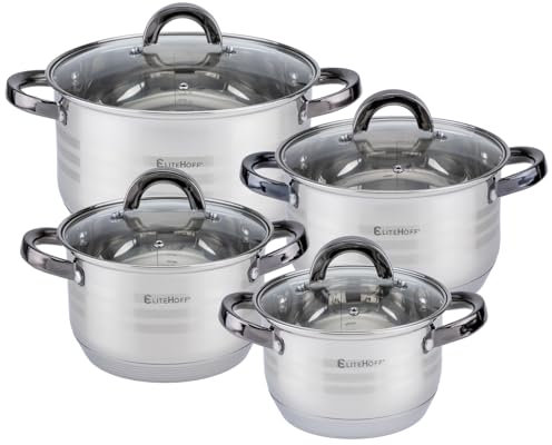 EliteHoff Topfset Induktion, Kochtopf Set mit Glasdeckel, 7-lagiger Edelstahl Topf und Pfannenset mit Deckel, Griffe in Schwarz, Kochgeschirr Set für alle Herdarten (8-teilig)