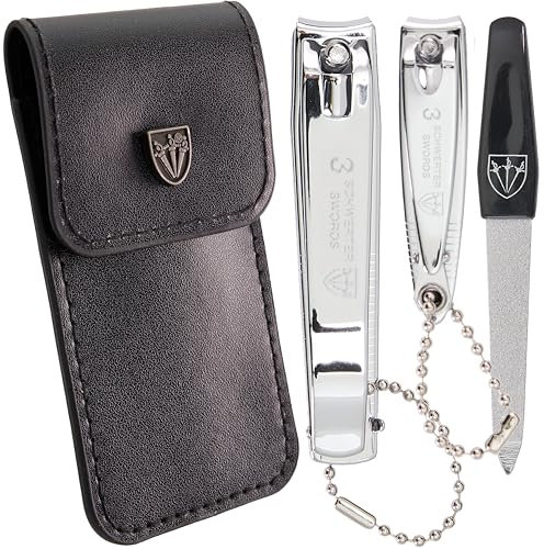 Drei Schwerter - Nagelknipser Set ´CLIP`, Fingernagelknipser, Fußnagelknipser und Saphirnagelfeile mit Kunstlederetui, Version silber