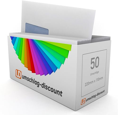 umschlag-discount - 50 Briefumschläge mit Fenster, DIN lang = 220 x 110 mm, mit Laser bedruckbar, Geschäftsumschläge, in Berlin fair verpackt