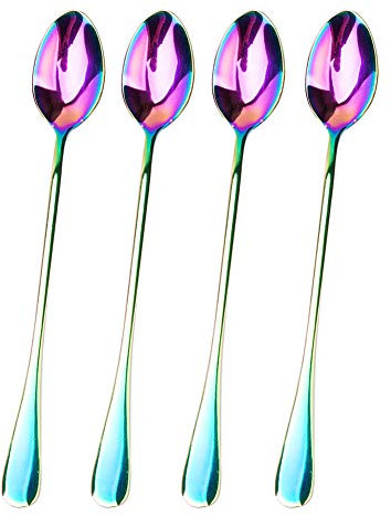 Cucchiaini lunghi da tè ghiacciati con manico lungo, in acciaio inox, set da 4 cucchiaini da dessert lunghi (4 punte arcobaleno)