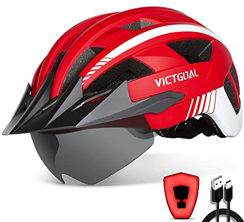 VICTGOAL Fahrradhelm Herren Damen MTB Helm mit Abnehmbarer Magnetische Schutzbrille Visier Atmungsaktiv mit 21 Belüftungskanäle Radhelm Einstellbare Fahrradhelme (L: 57-61cm, Rot)