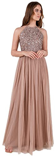 Maya Deluxe Maxi Abito da Damigella d'Onore con Scollo all'Americana e Paillettes Impreziosito da Balli di fine Anno, Laurea Matrimonio Vestito, Tortora Blush, 34 Donna