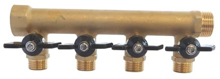 SOMATHERM FOR YOU, Collecteur laiton 4 départs Mâle 15/21 avec mini-vannes 1/4 de tour, entrée Femelle 20/27, sortie Mâle 20/27, idéal pour installations sanitaires et chauffage