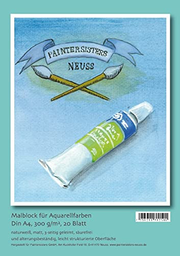Paintersisters Malblock A4, 20 Blatt für Aquarellfarben, Block mit strukturiertem Papier 300g/m², naturweiß und matt, säurefrei