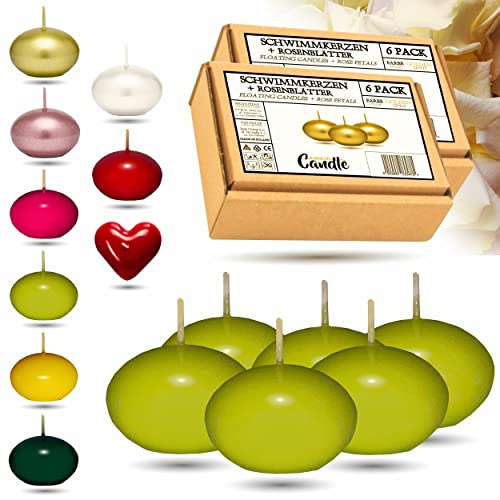 CANDLE HARMONY© Schwimmkerzen 6 STK Ø 40 mm mit GRATIS Rosenblätter Festliche Farben Schwimmkerze Zuhause Geburtstag Valentinstag Ostern Weihnachten Candles Kerzen für Damen (Lime)
