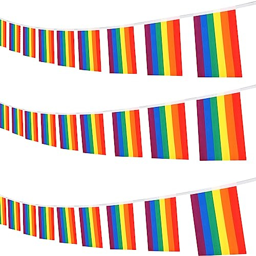 32.8ft Rainbow LGBT Pride Banner With 38 Pennant Flags - Colorful Stripes Bunting for Pride Month Decorations, Home, School, Bars, Garden Decor (Rectangle)