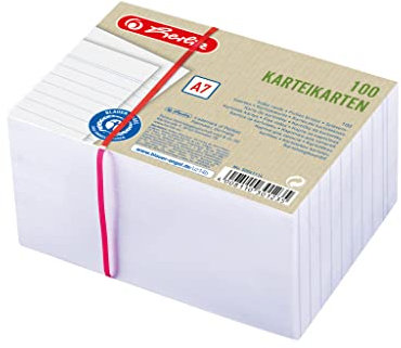 Herlitz Karteikarten A7, liniert, Weiß, Blauer Engel, 100 Stück, für Vokabeln, als Lernkarten und Moderationskarten, 50041114