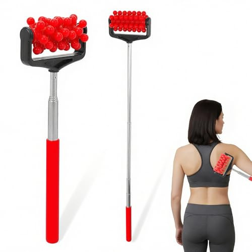Rückenkratzer, Teleskop Massagegerät Rückenmuskelrolle, Verstellbares Massagegerät mit Komfortablem Griff, Partikelmassage und 360° Drehung, Ideal für Arm, Kopf und Rücken, Tragbar