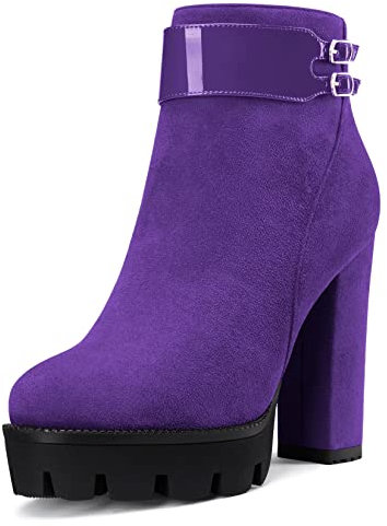 NobleOnly Donna Chunky Blocco Alto High Piattaforma Tacco Heel Rotonda Punta Stivaletti Cerniera 12 CM Heels Stivali Viola 43 EU