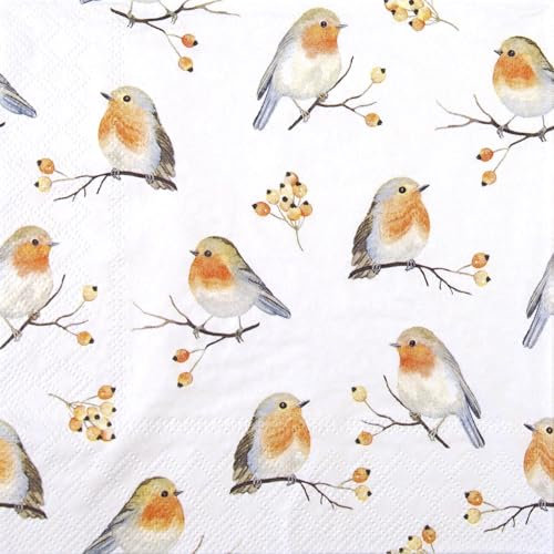 Ambiente Servietten Rotkehlchen Familie 25cm Papierservietten Mund-Tücher Papier-Servietten Mundtücher Vogel Motiv Robin 3-lagig Papier