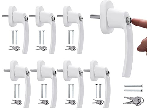 Stahlia Fönsterhandtag låsbara (8 stycken) aluminium vita tryckknappar, balkongdörrhandtag utomhus, fönstersäkring, terrassdörr, handtag, fönsterbeslag