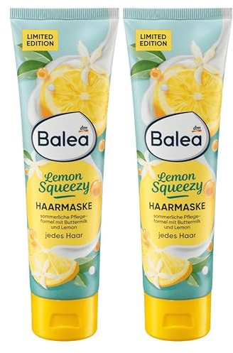 Balea 2er-Set Haarmaske Lemon Squeezy intensive Haarpflege mit Glycerin, Buttermilch, Zitrone für seidiges Haar & natürlichen Glanz, verwöhnt sommerlich fruchtig mit Zitronenduft, 2 x 100 ml, (200 ml)