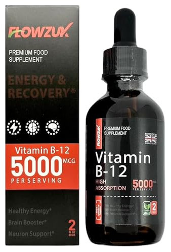 Flowzuk Vitamin B12 Liquid Drops 5000mcg – High Strength Methylcobalamin – Fast Absorbing Vegan B12 Supplement – 60ml Dropper Bottle – Gluten Free, Energy & Wellness Support